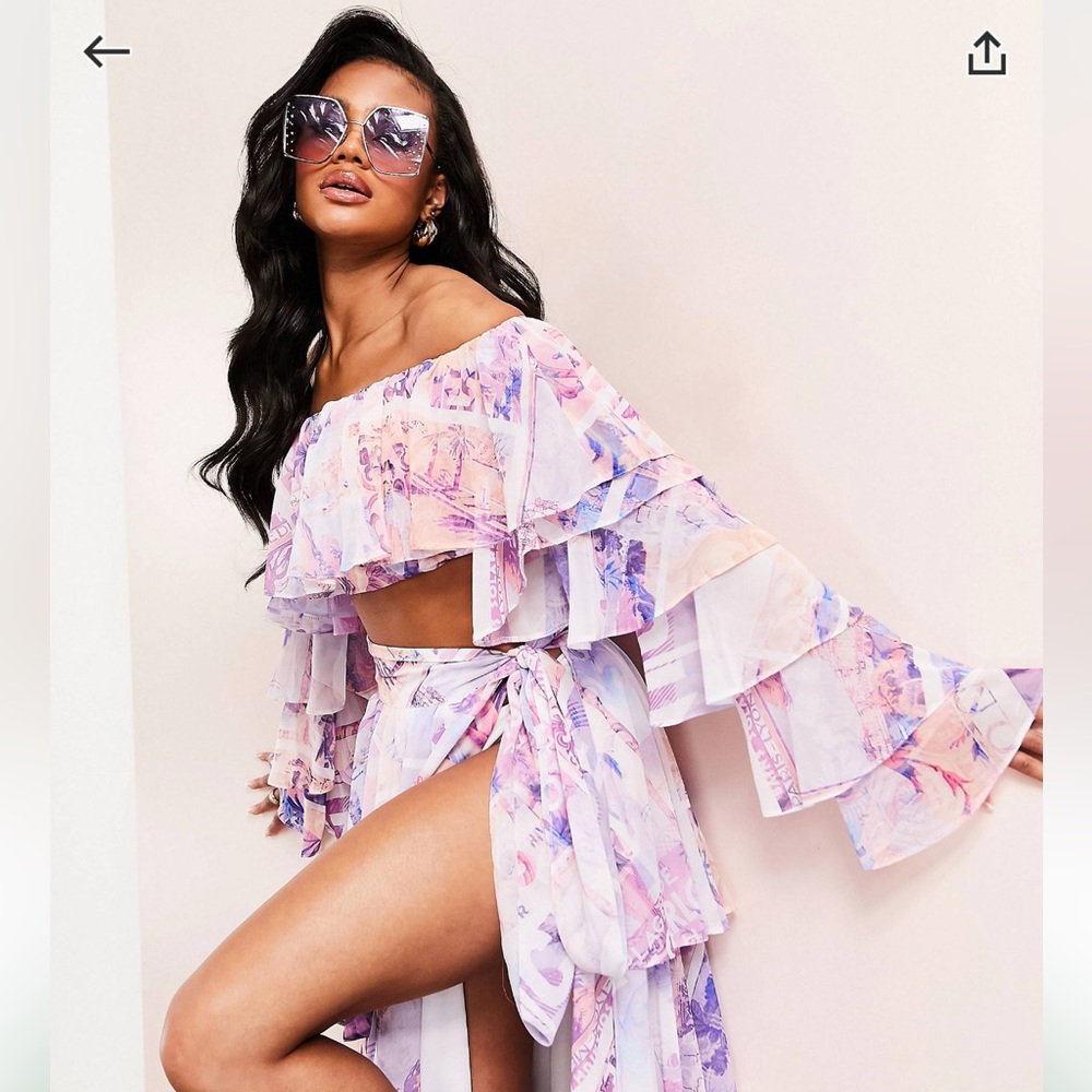 ASOS LUXE beach one shoulder super ruffled crop top in postcard print